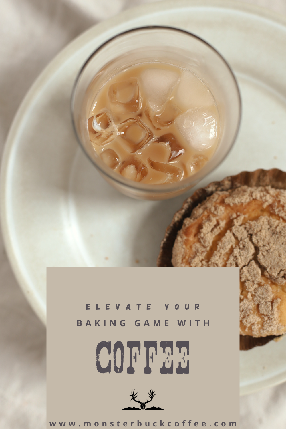 Coffee cupcake with icing with a cup of coffee on the side, all on a pretty plate.