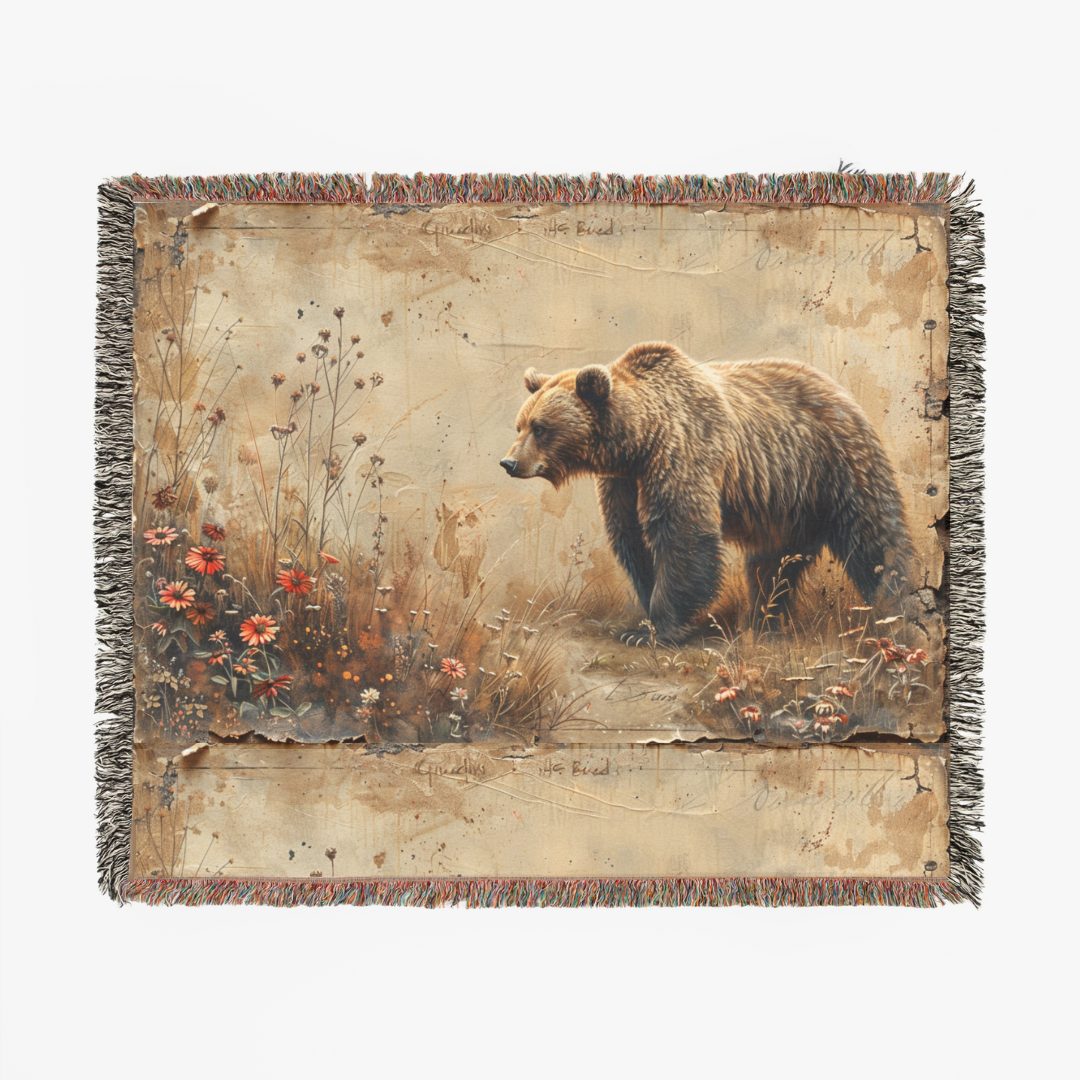 Old Vintage Grizzly Bear Woven Blanket