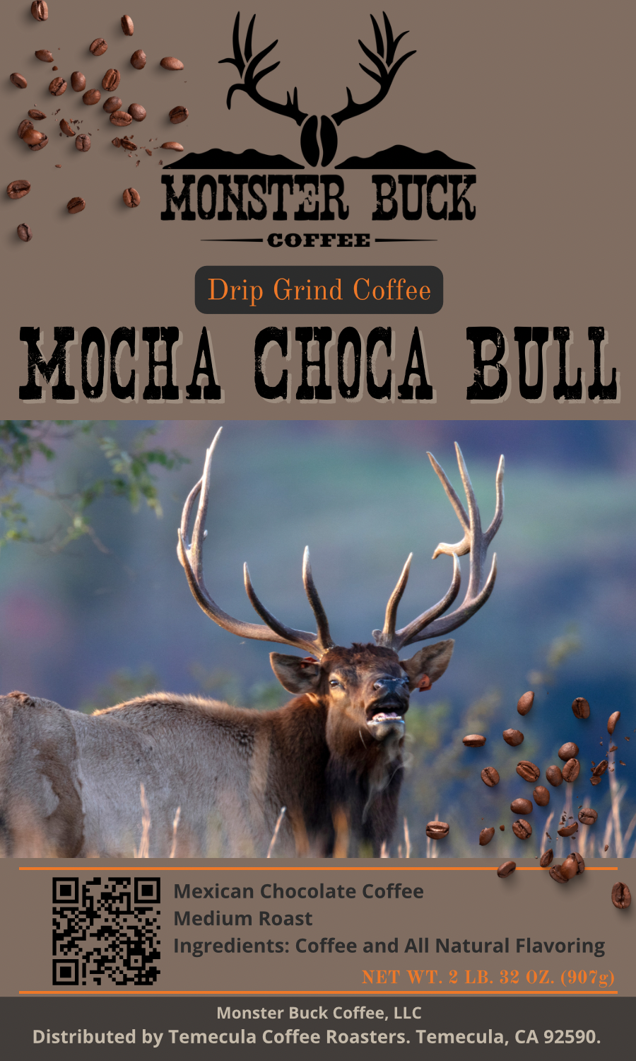 A bugling bull elk on a coffee label for Mexican chocolate coffee.