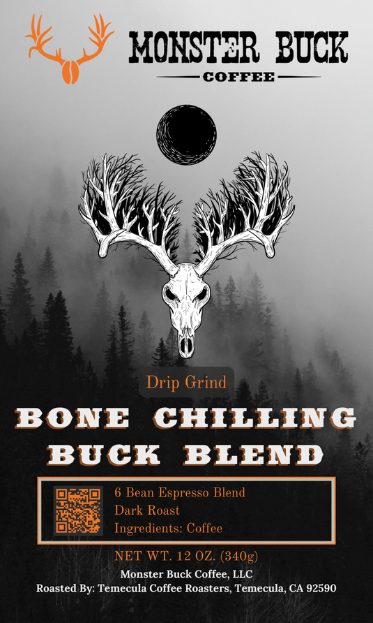Bone Chilling Buck Blend six bean coffee roast in drip grind coffee. A dark roast.
