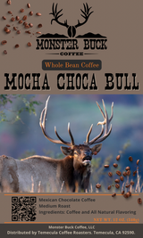 A bull elk bugling on a coffee label for mocha choca bull Mexican chocolate coffee.