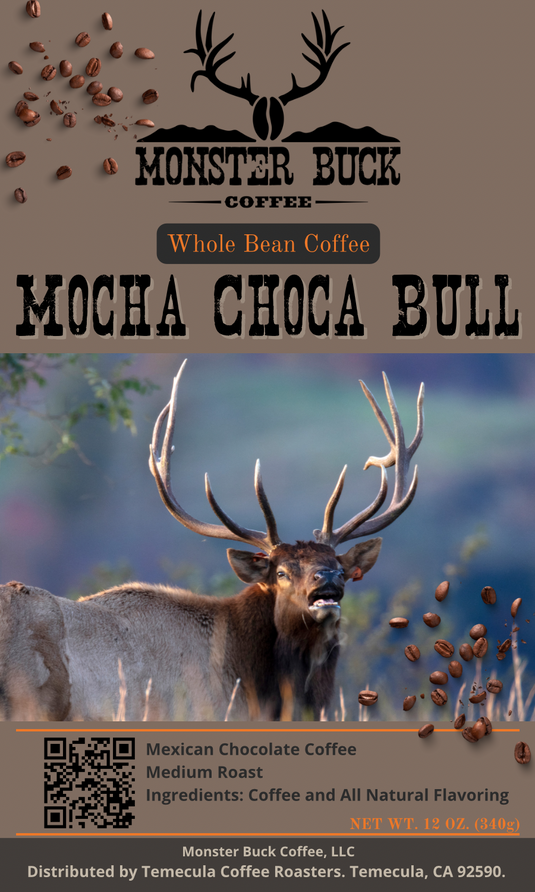 A bull elk bugling on a coffee label for mocha choca bull Mexican chocolate coffee.