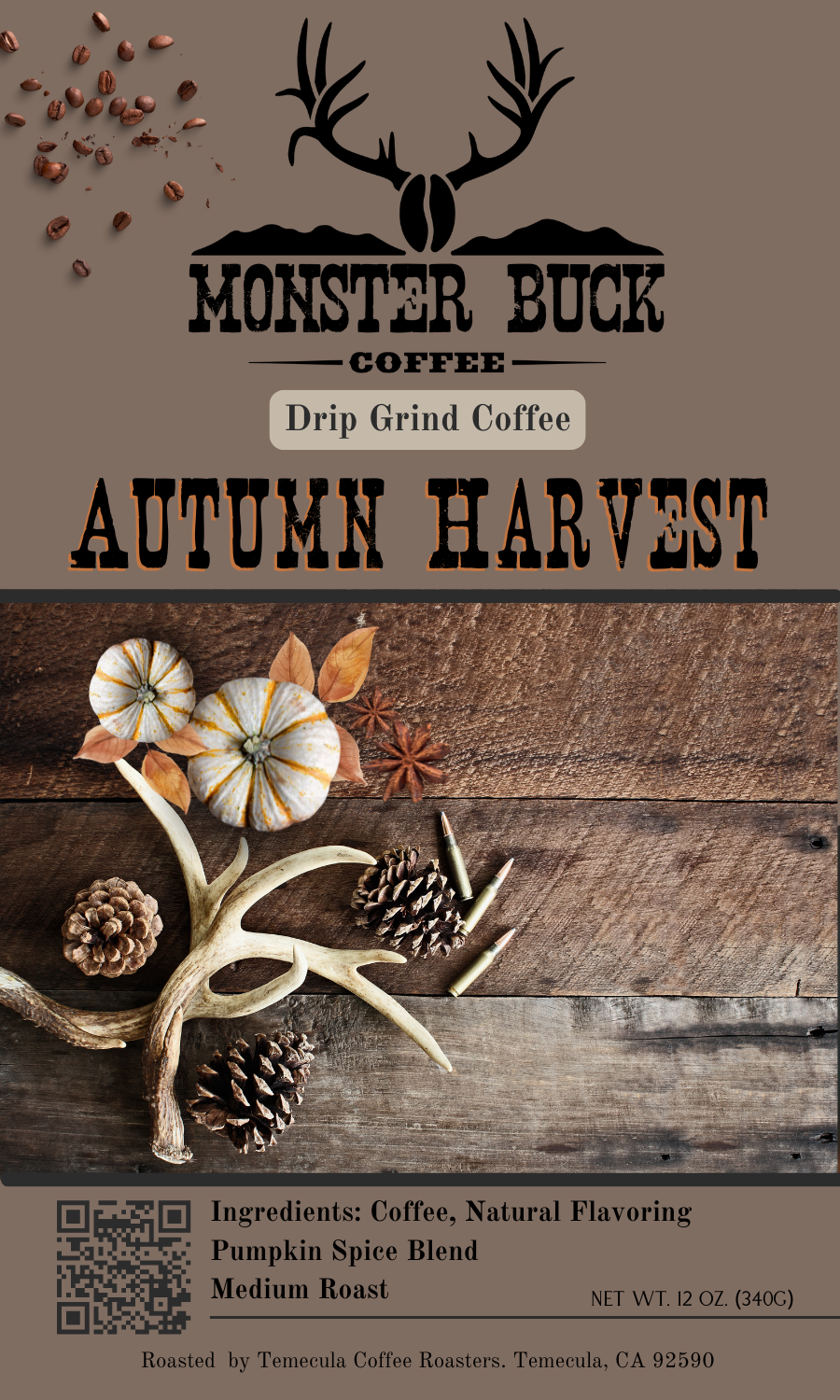 Monster Buck Coffee's Autumn Harvest Drip Grind Coffee. Natural Flavoring, medium roast, pumpkin spice blend.