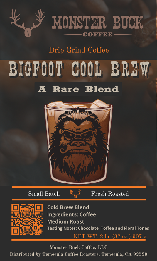 Bigfoot cold brew coffee, a rare blend, with an image of a Sasquatch face on a cold brew glass.