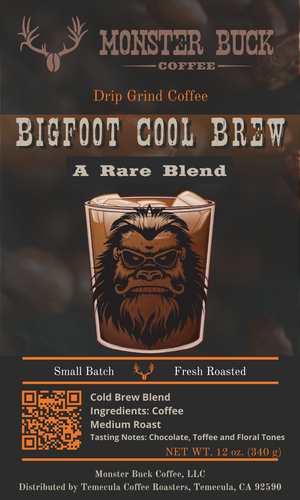 Bigfoot Cool Brew label for cold brew coffee with an image of a cool Bigfoot wearing sunglasses.