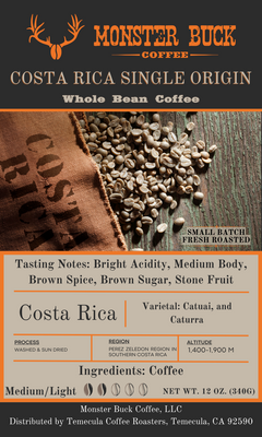 Costa Rica Single Origin coffee roast. Washed and Sun dried. A medium light coffee roast.