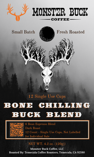 Experience the bold and robust flavors of our Bone Chilling Buck Blend, a masterful combination of 6 premium beans expertly crafted into a dark roast.