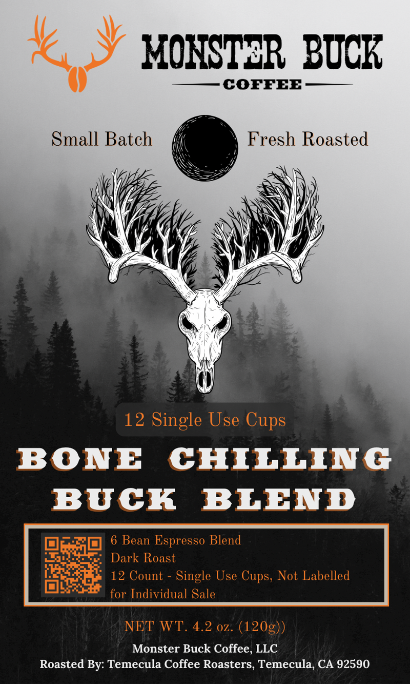 Load image into Gallery viewer, Experience the bold and robust flavors of our Bone Chilling Buck Blend, a masterful combination of 6 premium beans expertly crafted into a dark roast.
