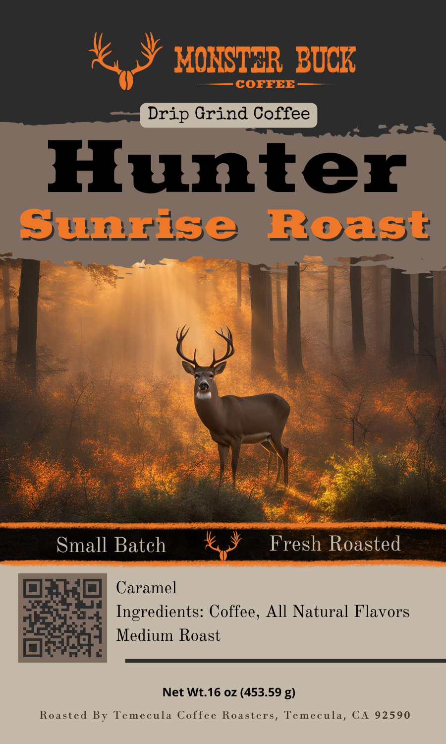 Hunter Sunrise Roasted coffee with a buck deer and a sunrise through the forest.