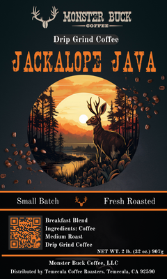 Jackalope Java coffee roast with a rabbit with deer antlers on his head, looking over a river.