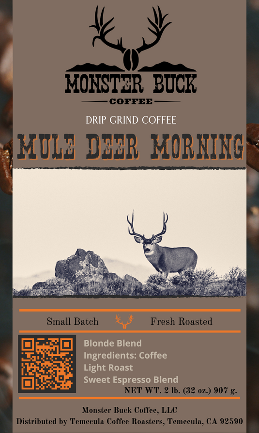 Mule deer morning with a buck mule deer on a skyline for a blonde blend light roasted coffee.