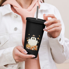 Spooky cute ghost with a witch hat on an insulated tumbler with a metal straw.