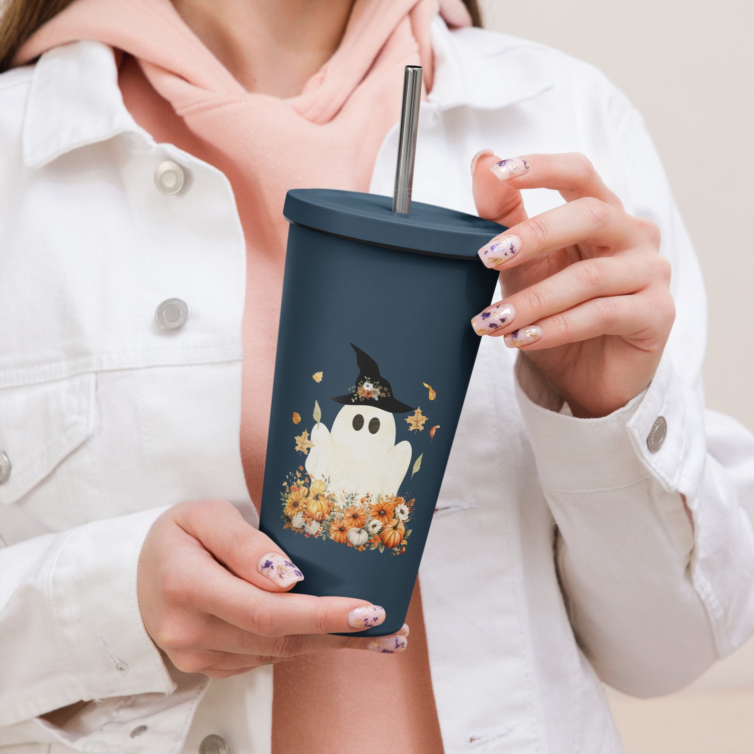 Insulated Ghost Tumbler with Metal Straw