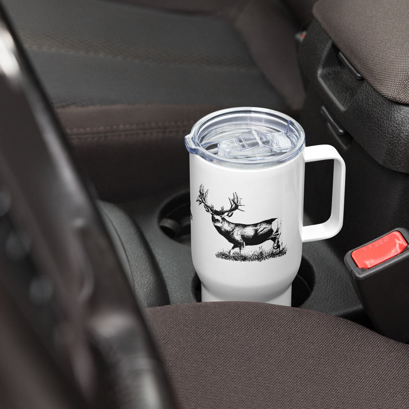Load image into Gallery viewer, Brew For A Cause Tumbler Travel Mug with a buck mule deer on the cup.
